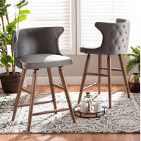 Baxton Studio RDC817-AC-Grey VelvetWalnut-CS-2PC Set Baxton Studio Sagira Modern and Contemporary Transitional Grey Velvet Fabric Upholstered and Walnut Brown Finished Wood 2-Piece Counter Stool Set